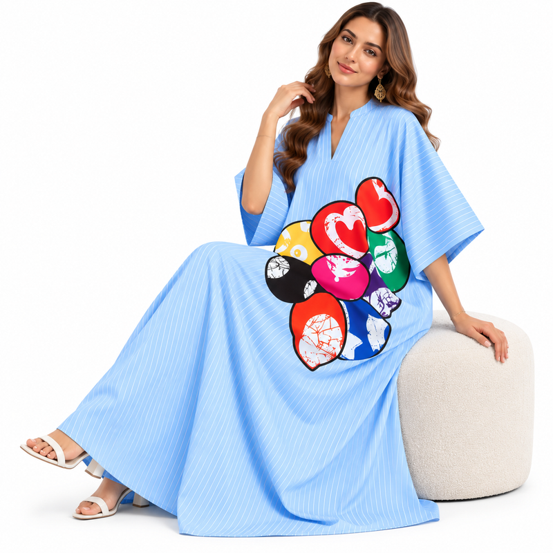 Light Blue Graphic Striped Maxi Kaftan-2