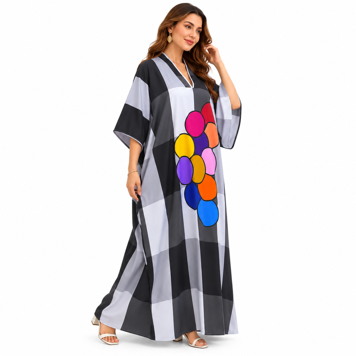 Multicolor Bubble Checkered Oversized Maxi Kaftan-4