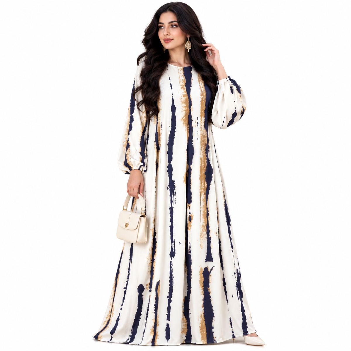 Abstract Stripe Flowing Modest Maxi Dress-1