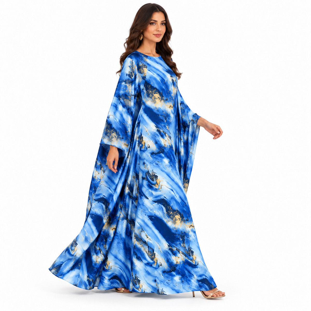 Blue Marble Gold Accent Flowing Kaftan-3
