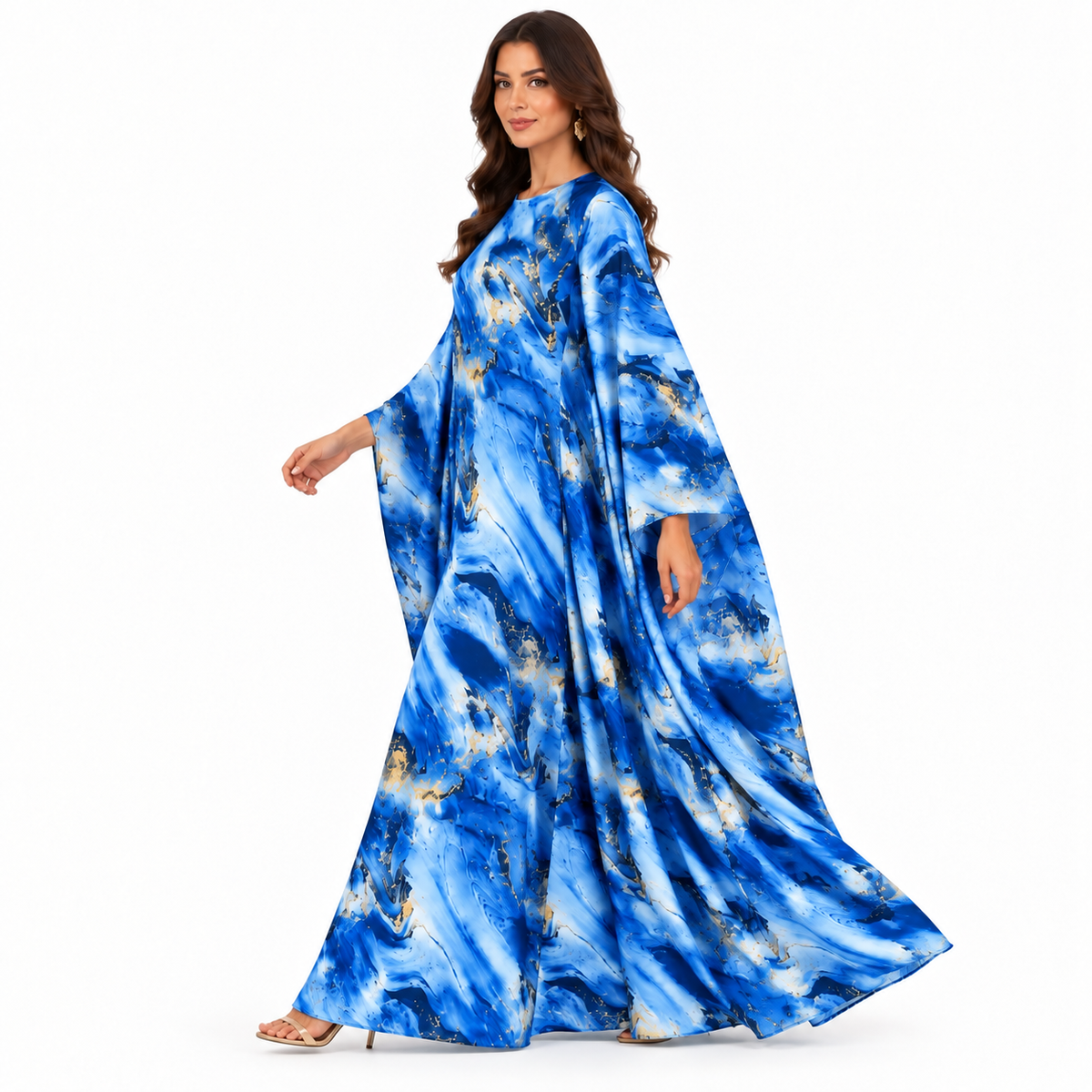 Blue Marble Gold Accent Flowing Kaftan-2