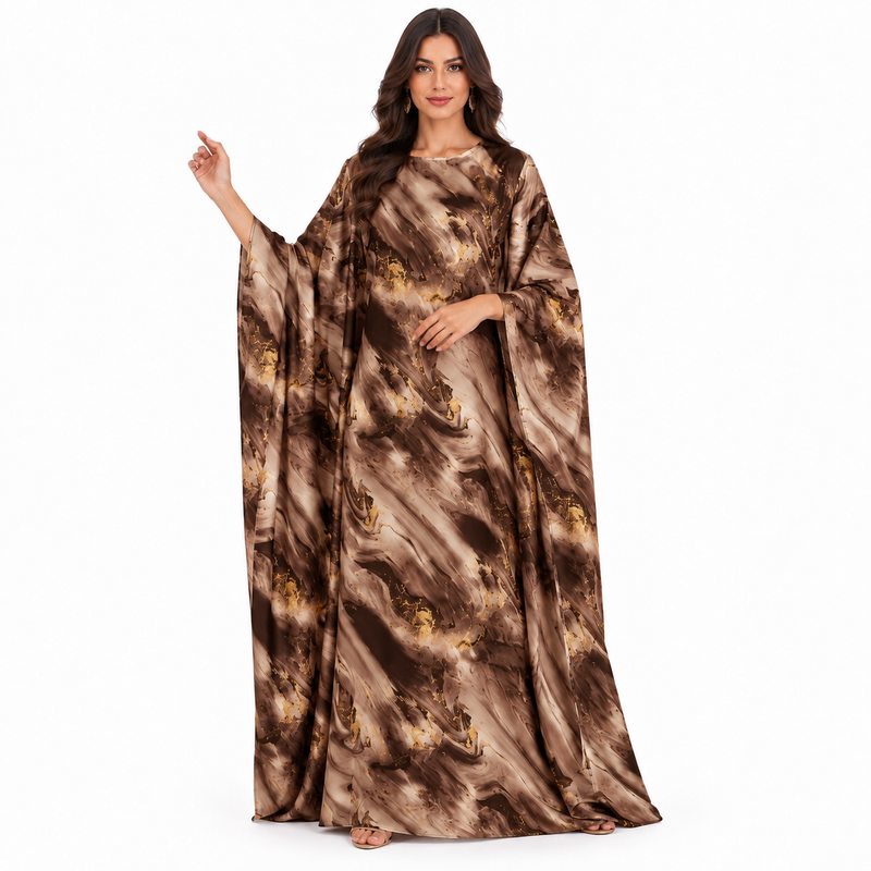 Coffee Marble Print Flowing Luxury Kaftan-1