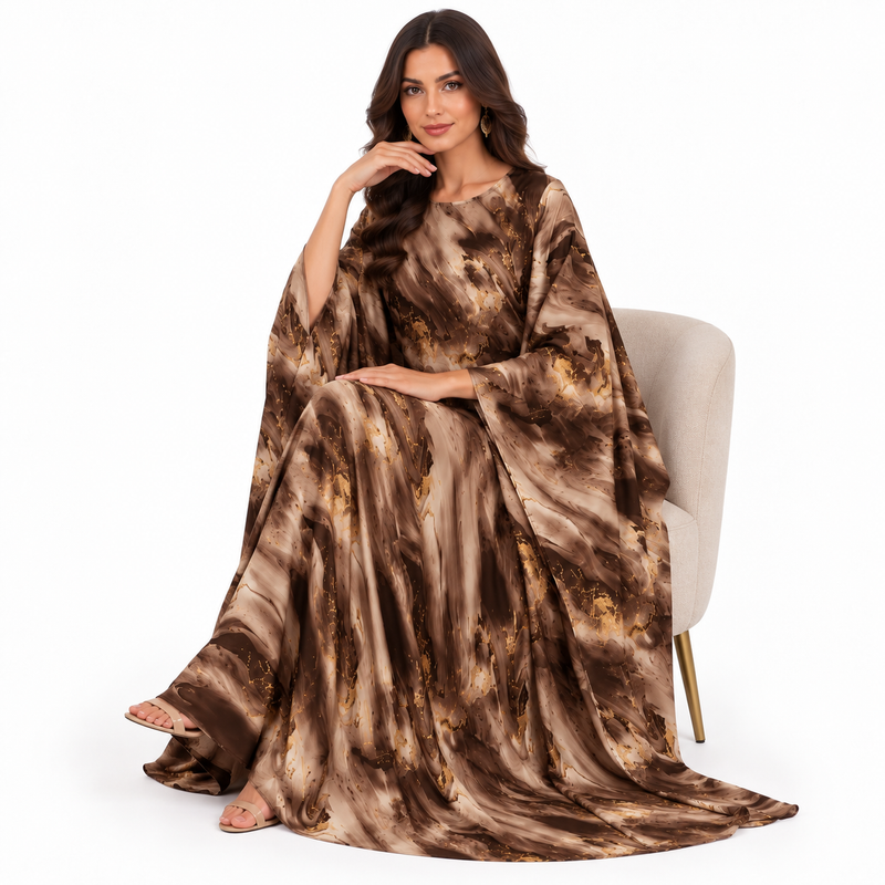 Coffee Marble Print Flowing Luxury Kaftan-3