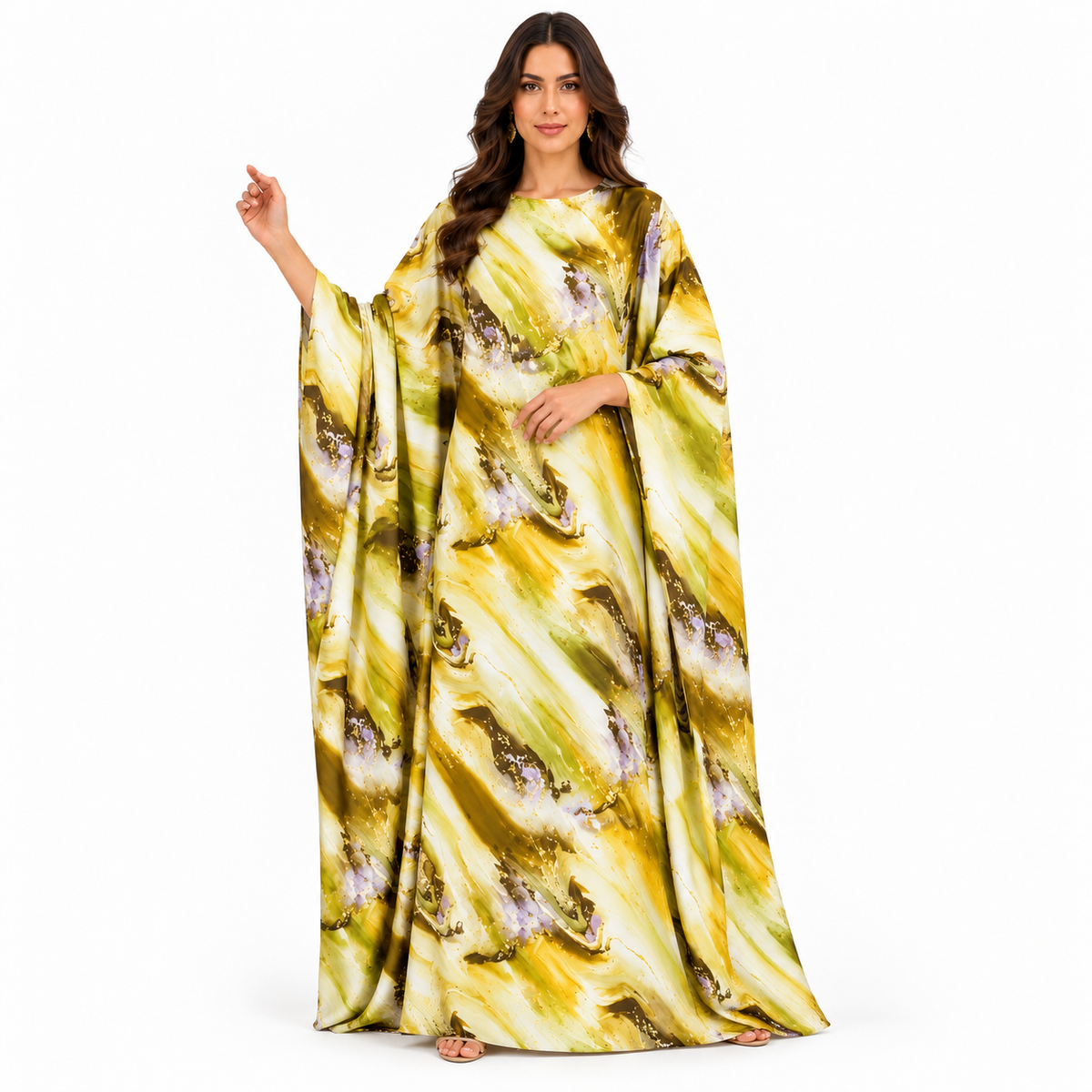 Yellow Marble Print Luxury Flowing Kaftan-1