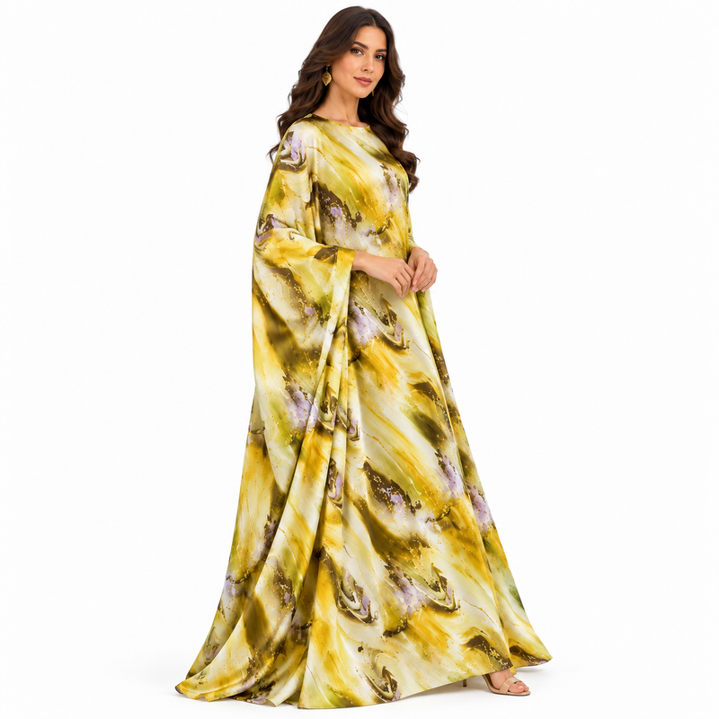Yellow Marble Print Luxury Flowing Kaftan-3