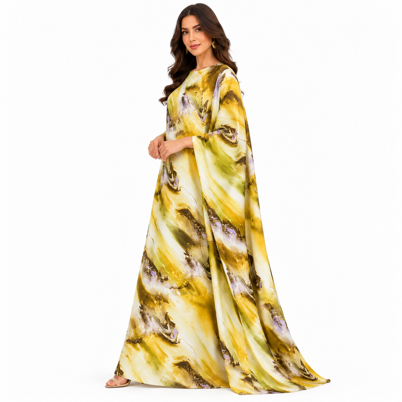 Yellow Marble Print Luxury Flowing Kaftan-2