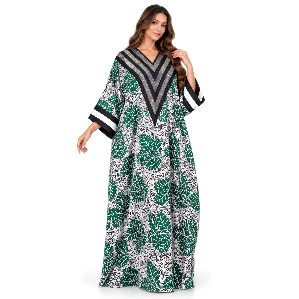 Emerald Leaf Print Shimmer Luxury Kaftan-1