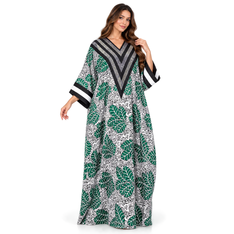 Emerald Leaf Print Shimmer Luxury Kaftan-1
