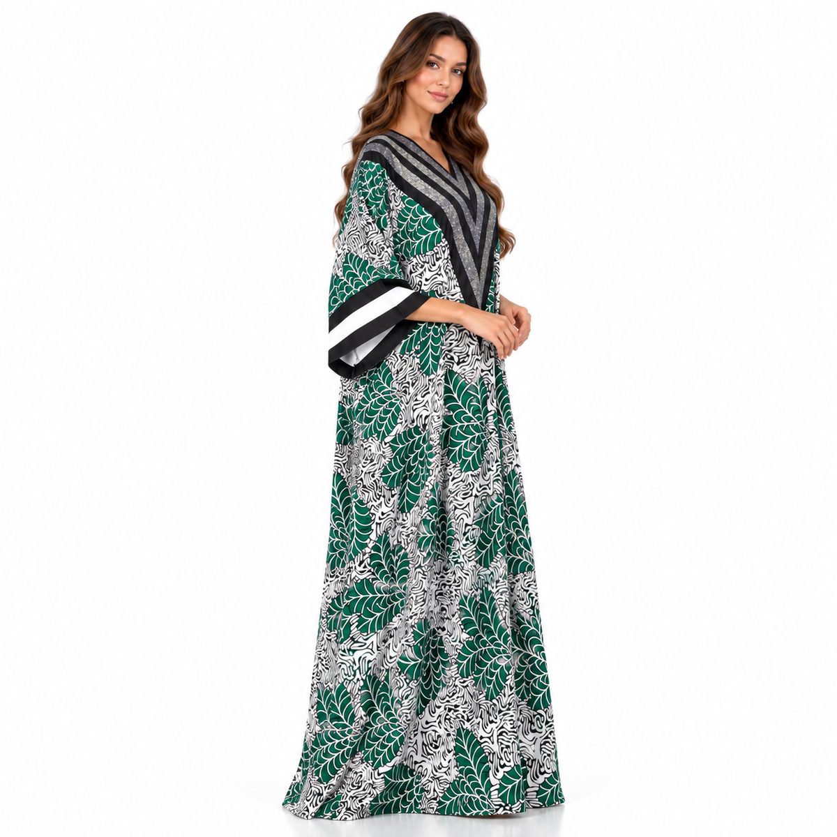 Emerald Leaf Print Shimmer Luxury Kaftan-3