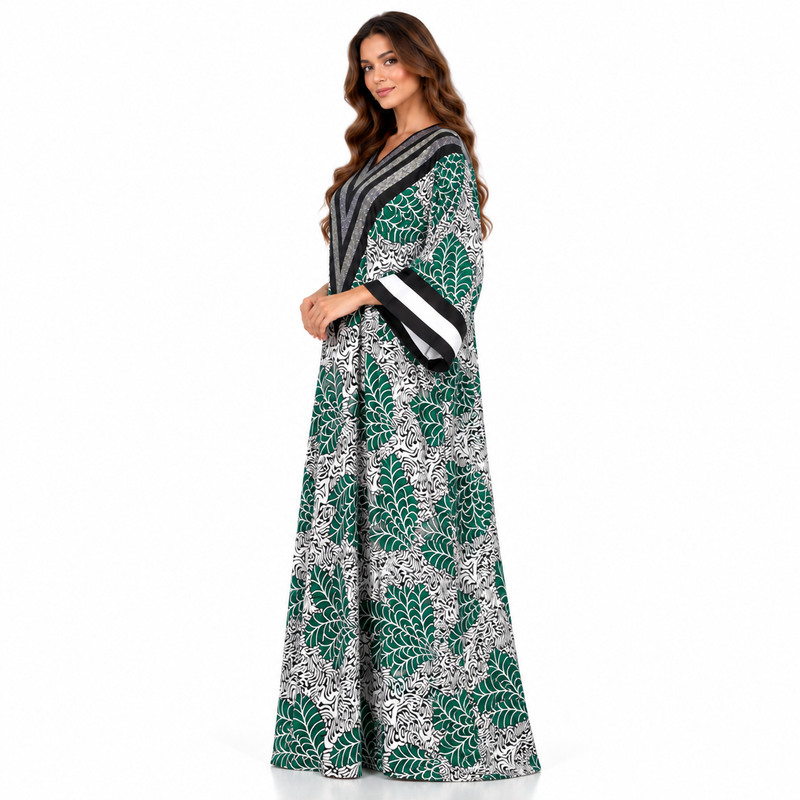 Emerald Leaf Print Shimmer Luxury Kaftan-2