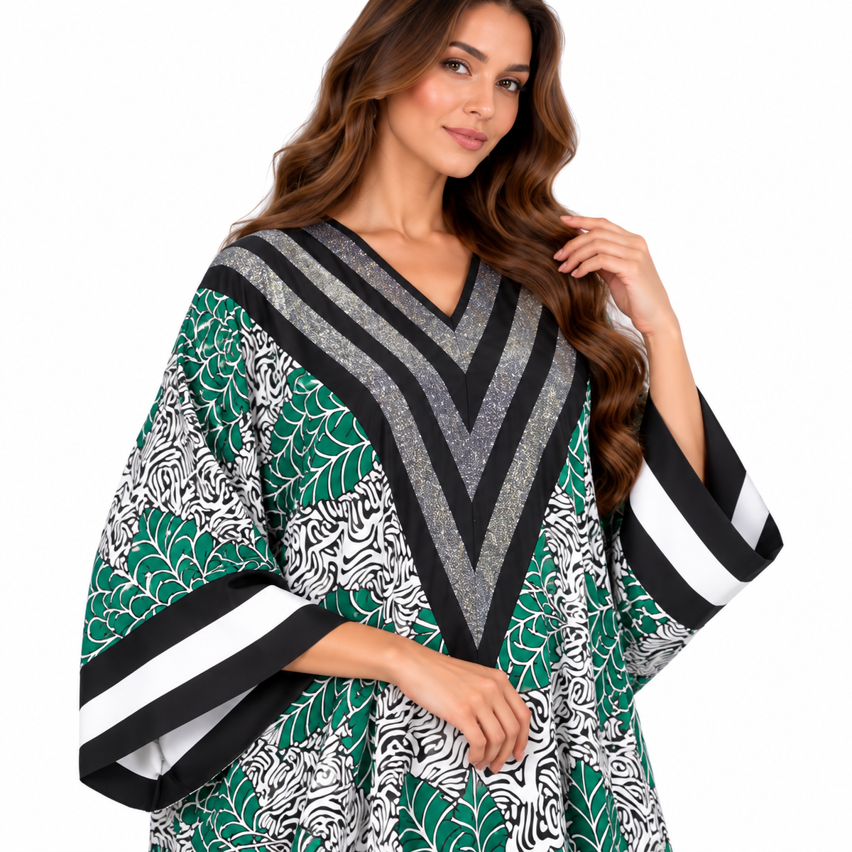 Emerald Leaf Print Shimmer Luxury Kaftan-4