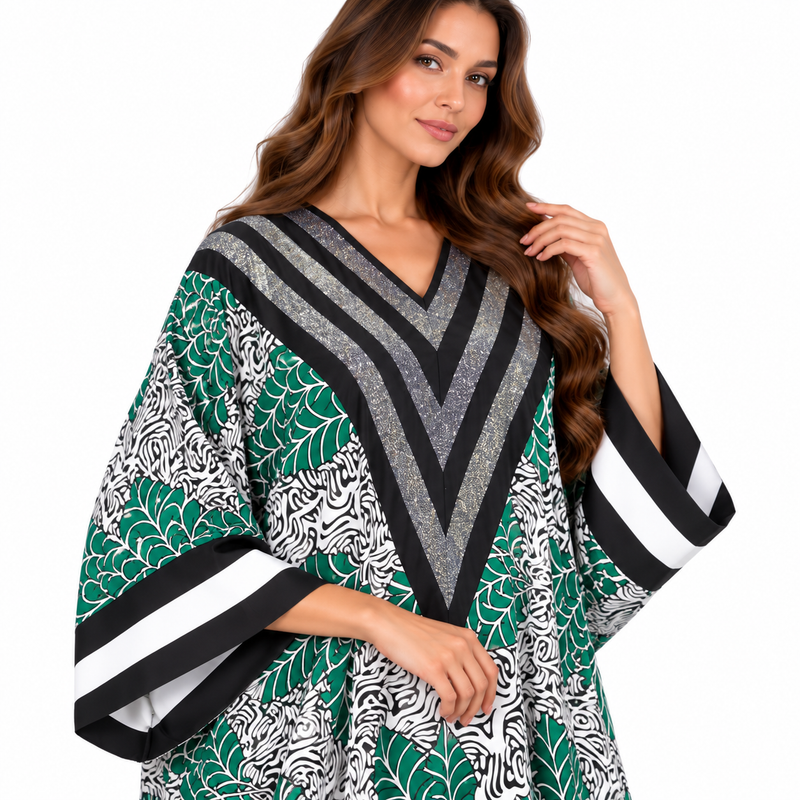 Emerald Leaf Print Shimmer Luxury Kaftan-4