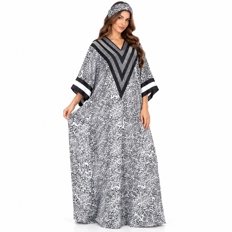 Monochrome Shimmer Chevron Print Luxury Kaftan-1