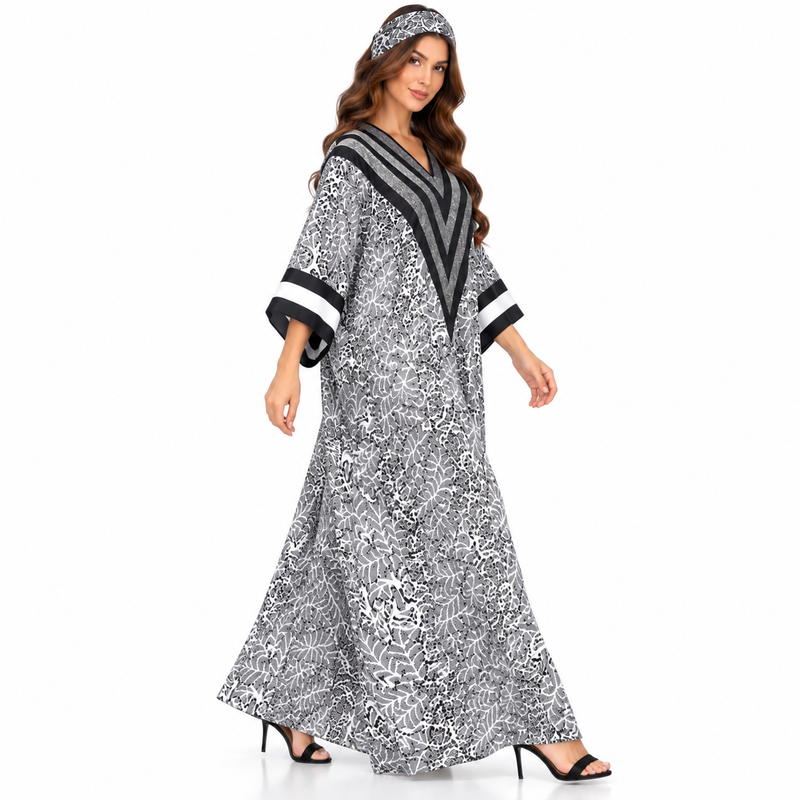 Monochrome Shimmer Chevron Print Luxury Kaftan-4