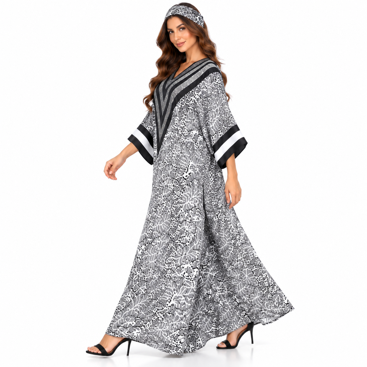Monochrome Shimmer Chevron Print Luxury Kaftan-2