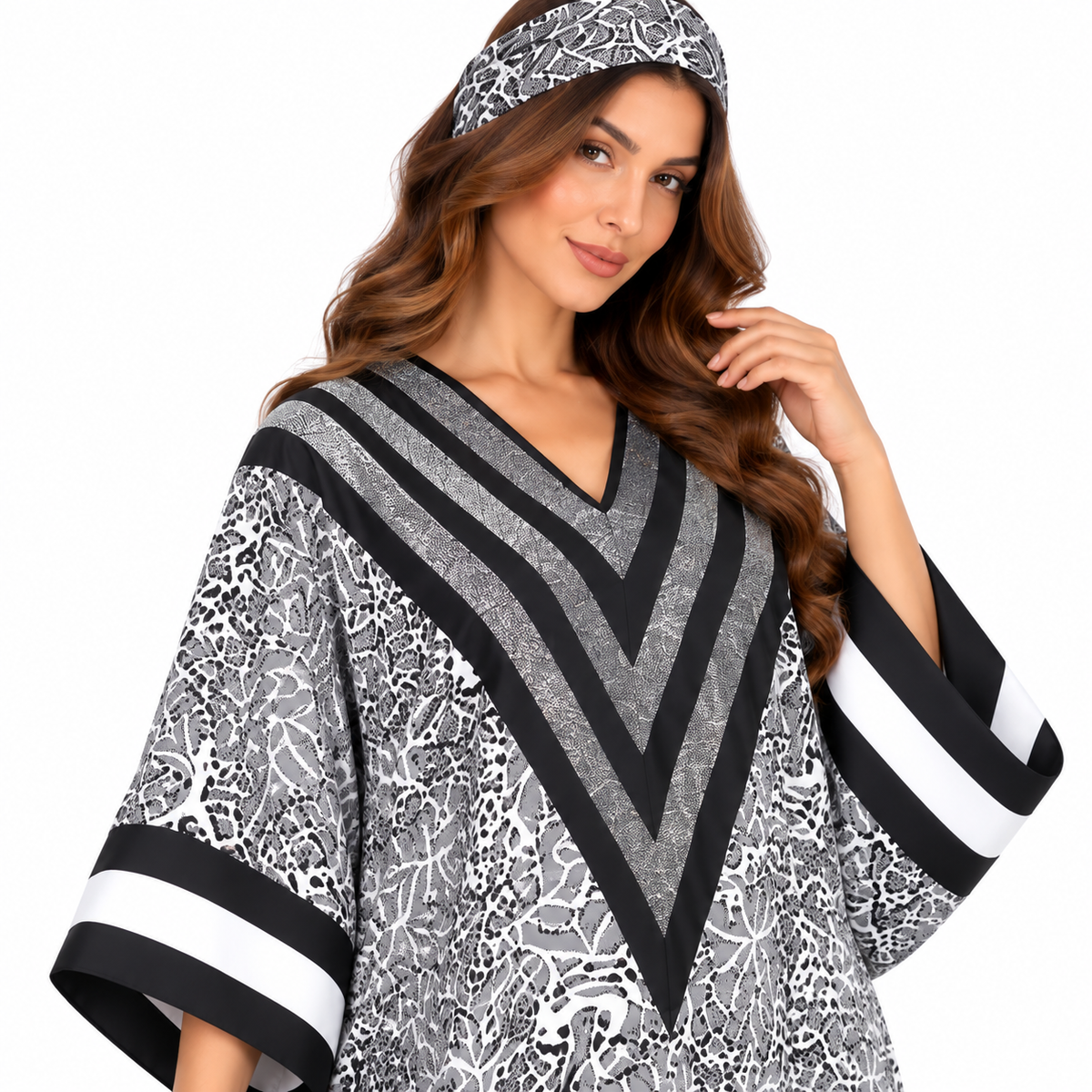Monochrome Shimmer Chevron Print Luxury Kaftan-3