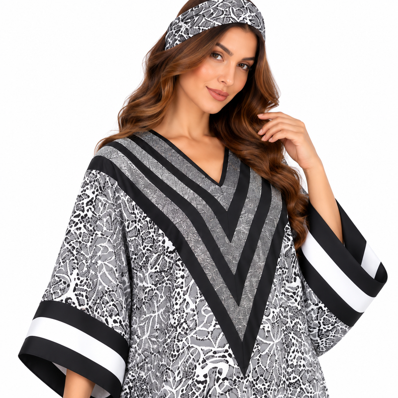 Monochrome Shimmer Chevron Print Luxury Kaftan-3