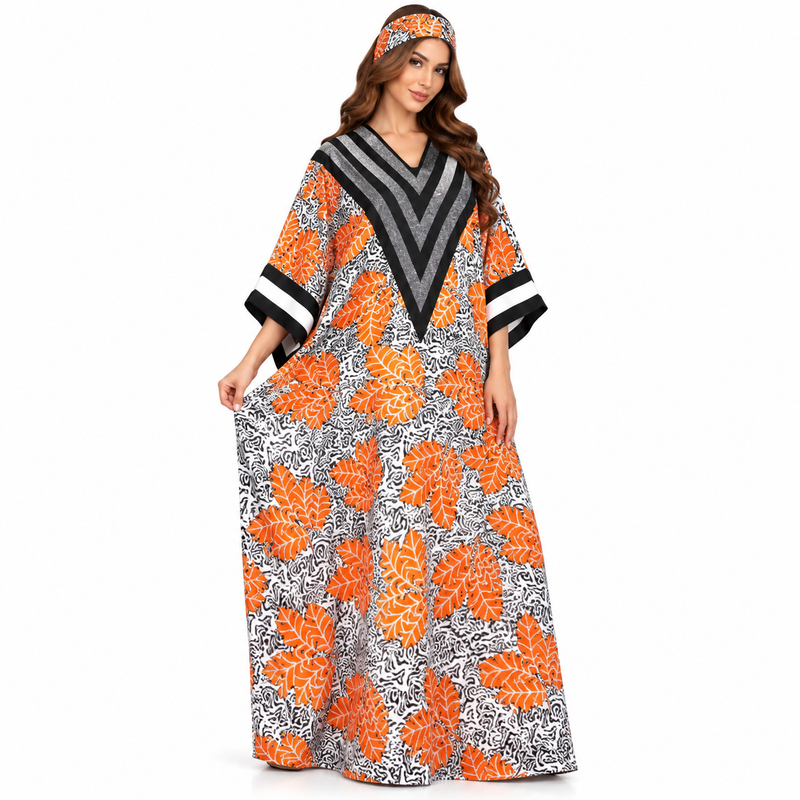 Orange Leaf Chevron Print Luxury Kaftan-1