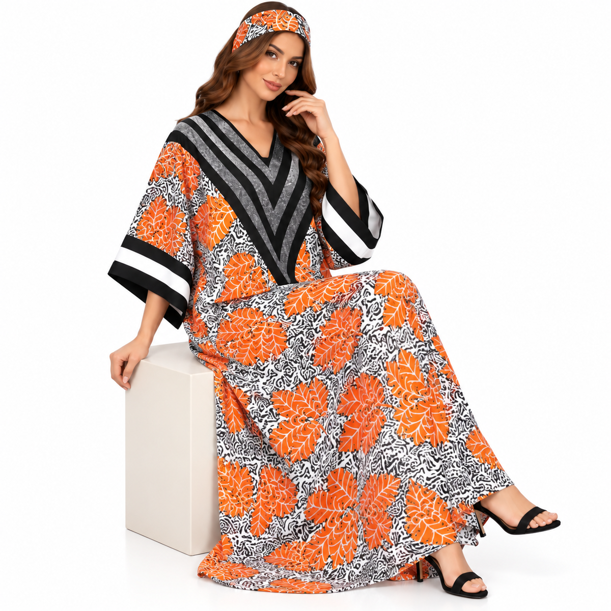 Orange Leaf Chevron Print Luxury Kaftan-4