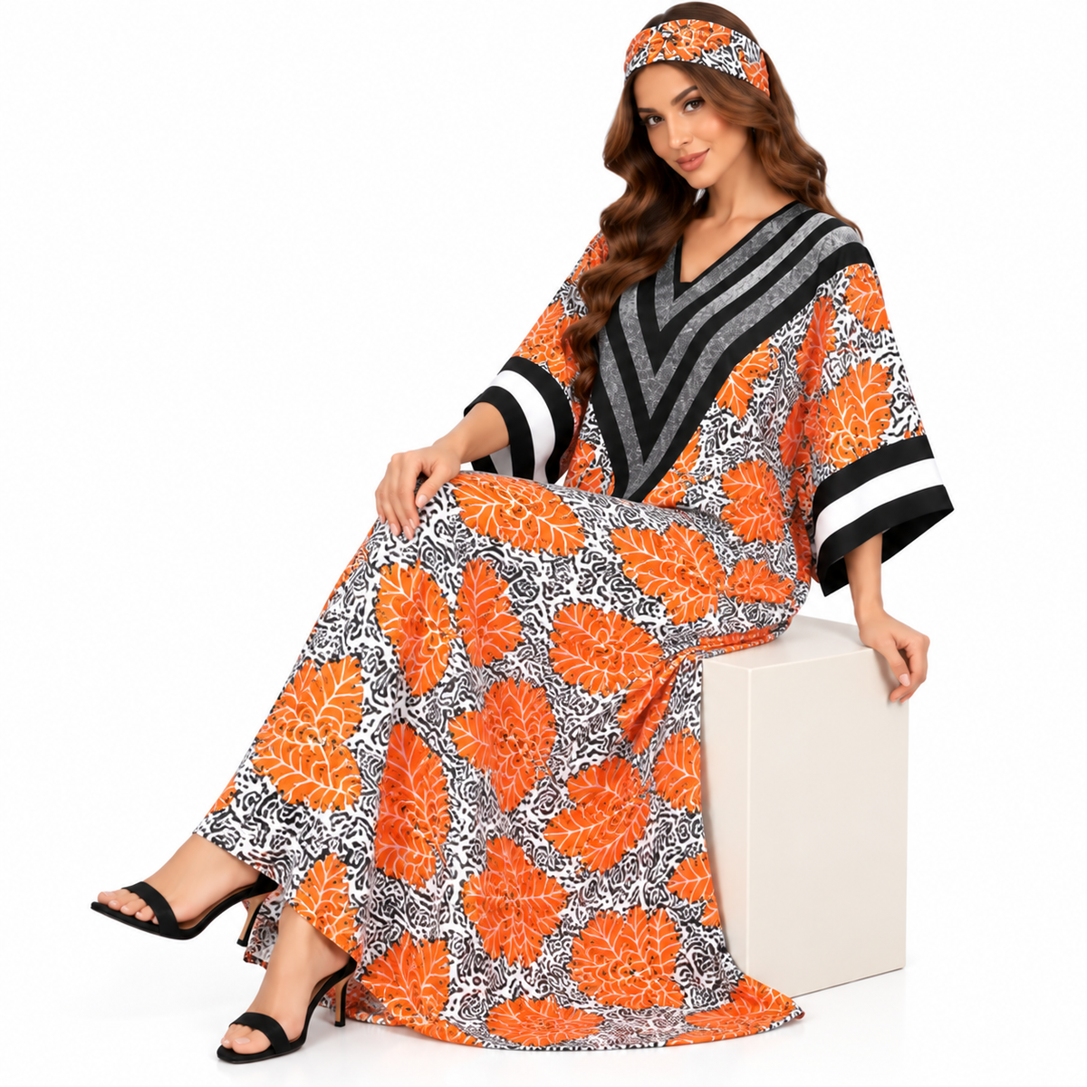 Orange Leaf Chevron Print Luxury Kaftan-2