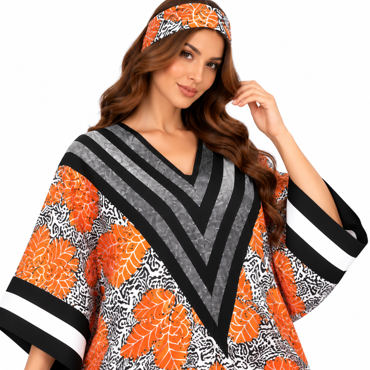 Orange Leaf Chevron Print Luxury Kaftan-3