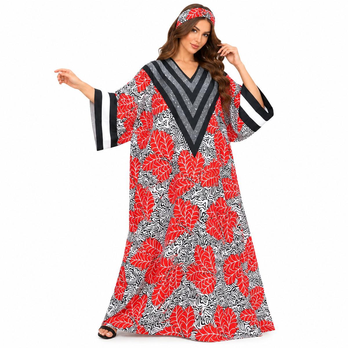 Red Leaf Chevron Print Luxury Kaftan-1