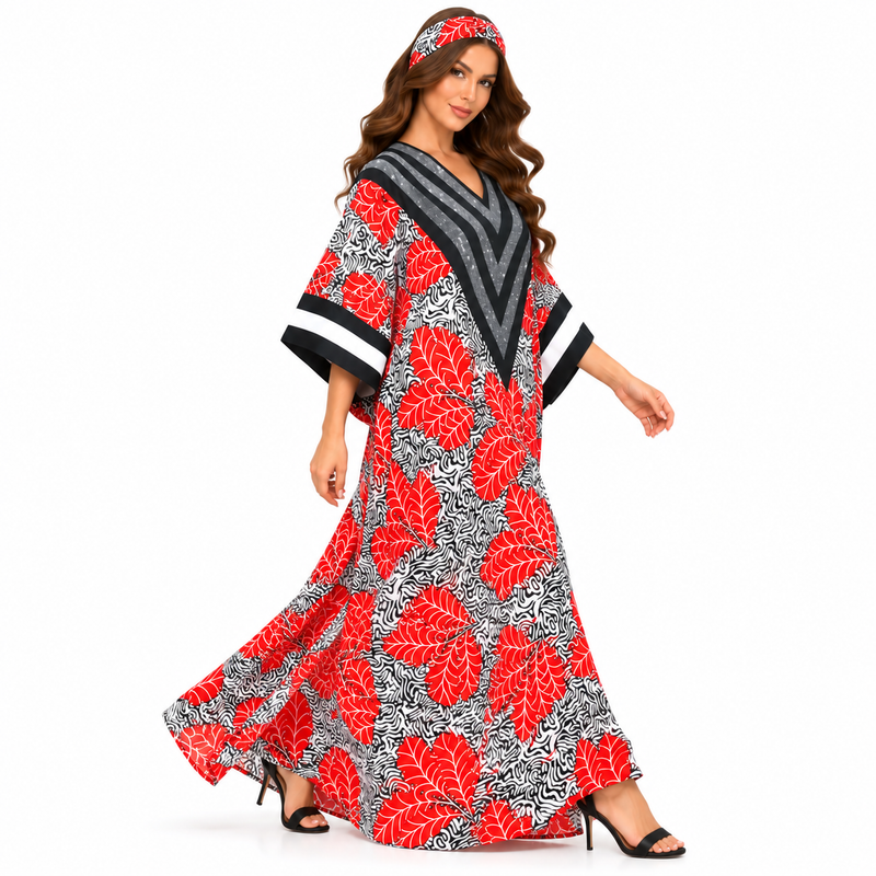 Red Leaf Chevron Print Luxury Kaftan-2