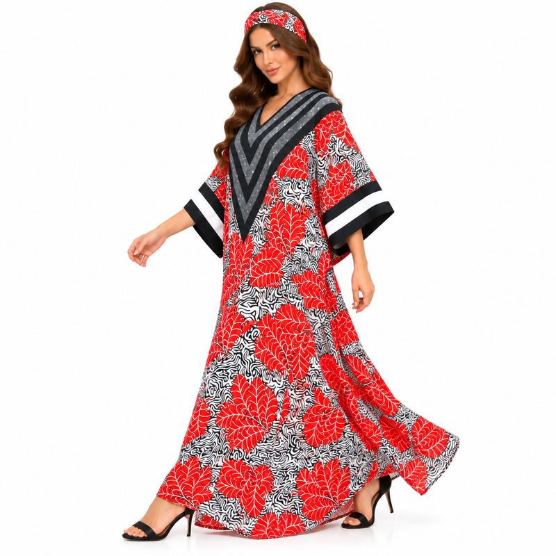 Red Leaf Chevron Print Luxury Kaftan-3