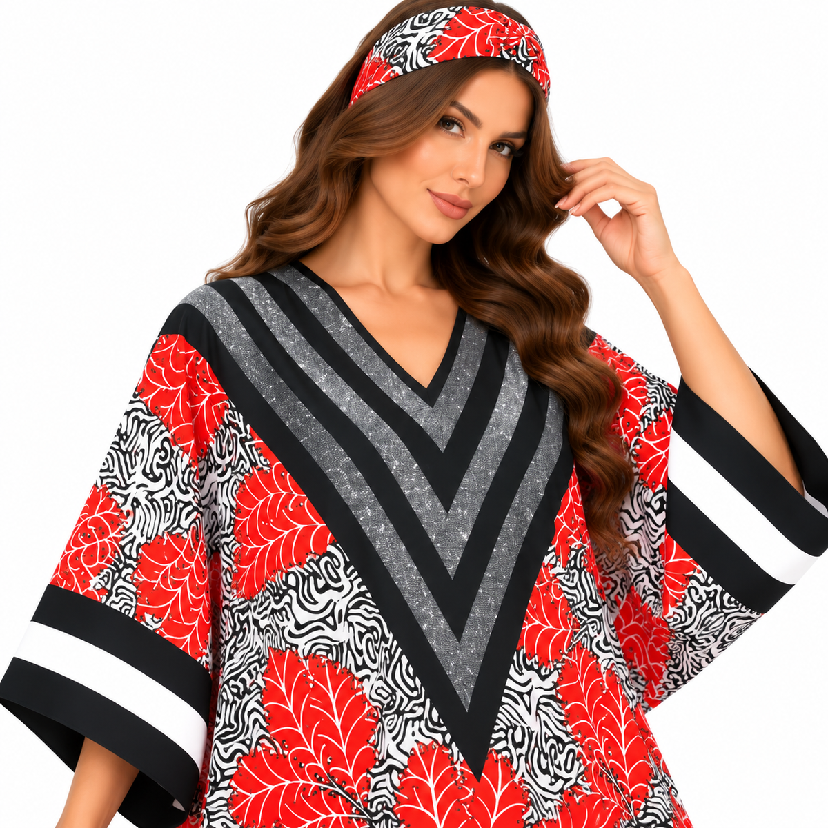 Red Leaf Chevron Print Luxury Kaftan-4