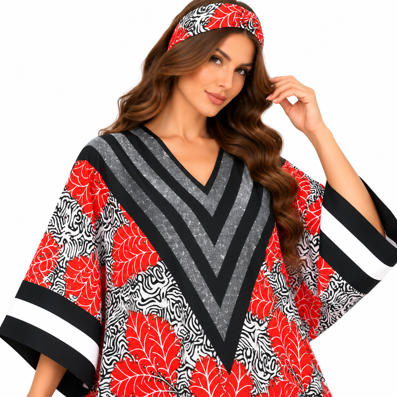 Red Leaf Chevron Print Luxury Kaftan-4