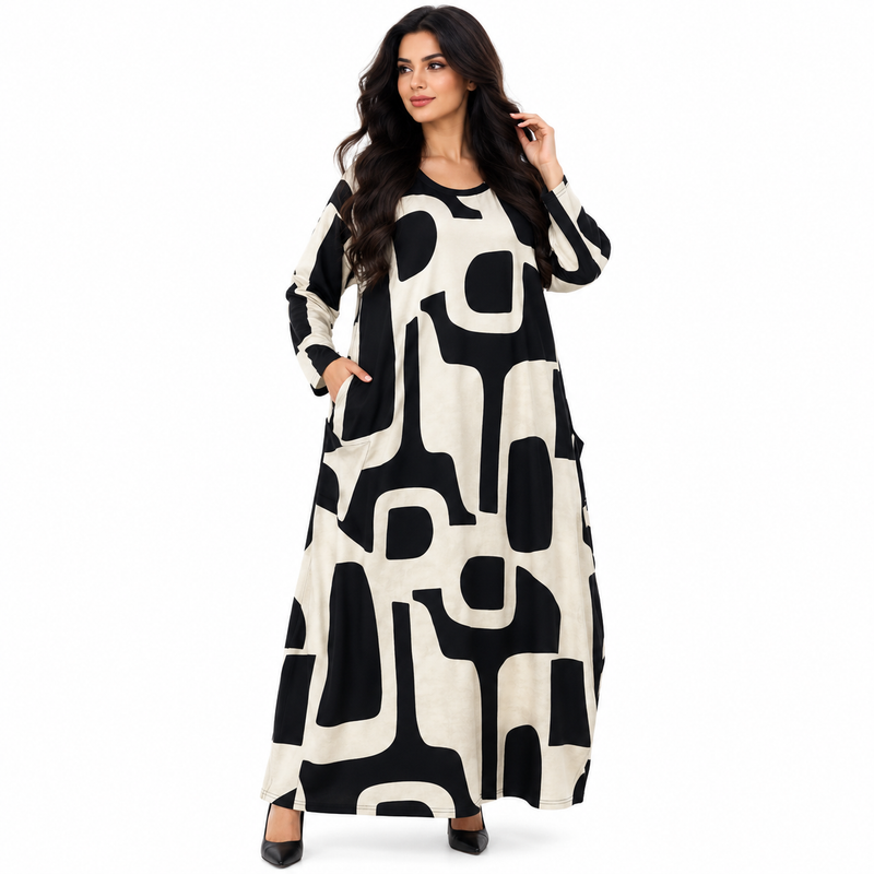 Black Abstract Print Women’s Kaftan Dress-1
