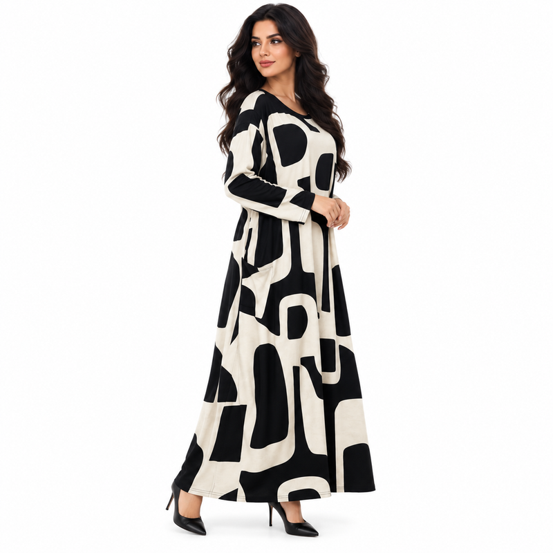 Black Abstract Print Women’s Kaftan Dress-3