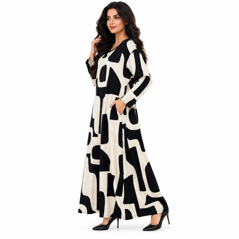 Black Abstract Print Women’s Kaftan Dress-2