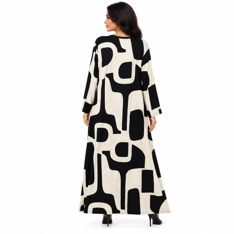 Black Abstract Print Women’s Kaftan Dress-4