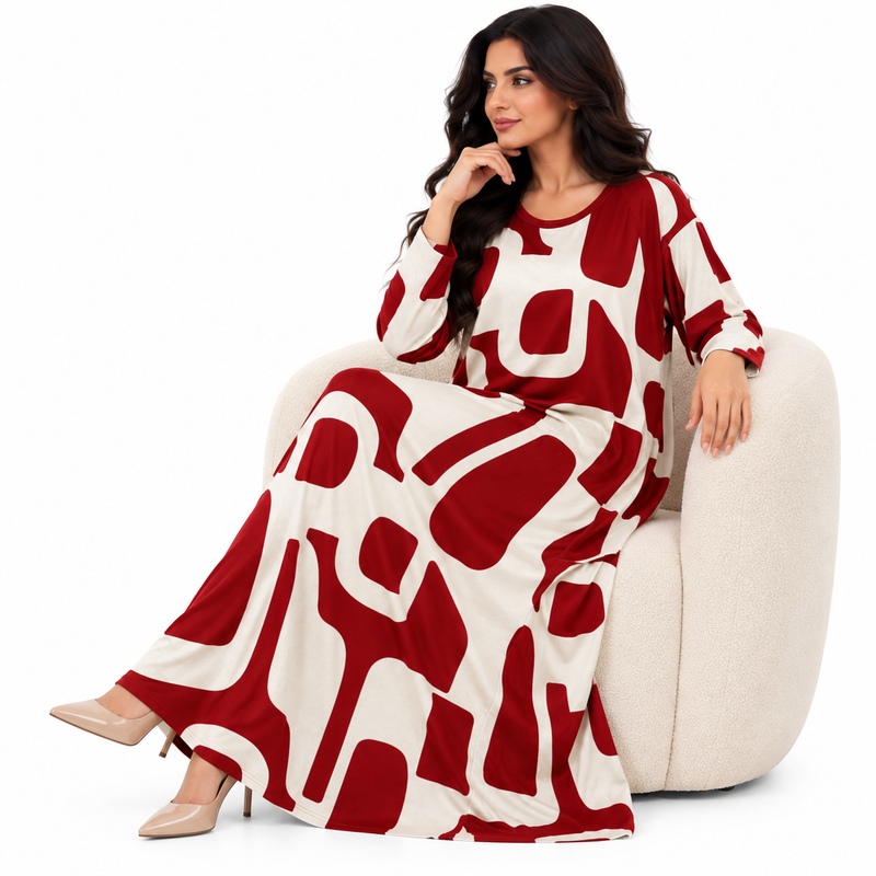 Red Abstract Print Women’s Kaftan Dress-3