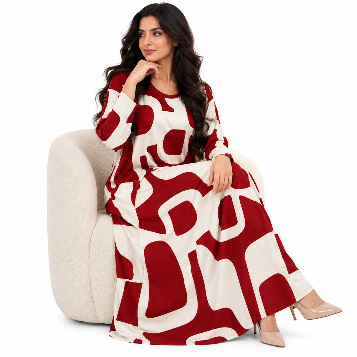 Red Abstract Print Women’s Kaftan Dress-2