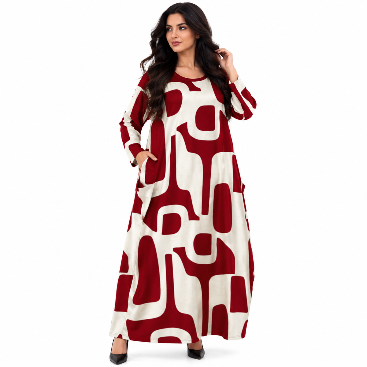Red Abstract Print Women’s Kaftan Dress-1