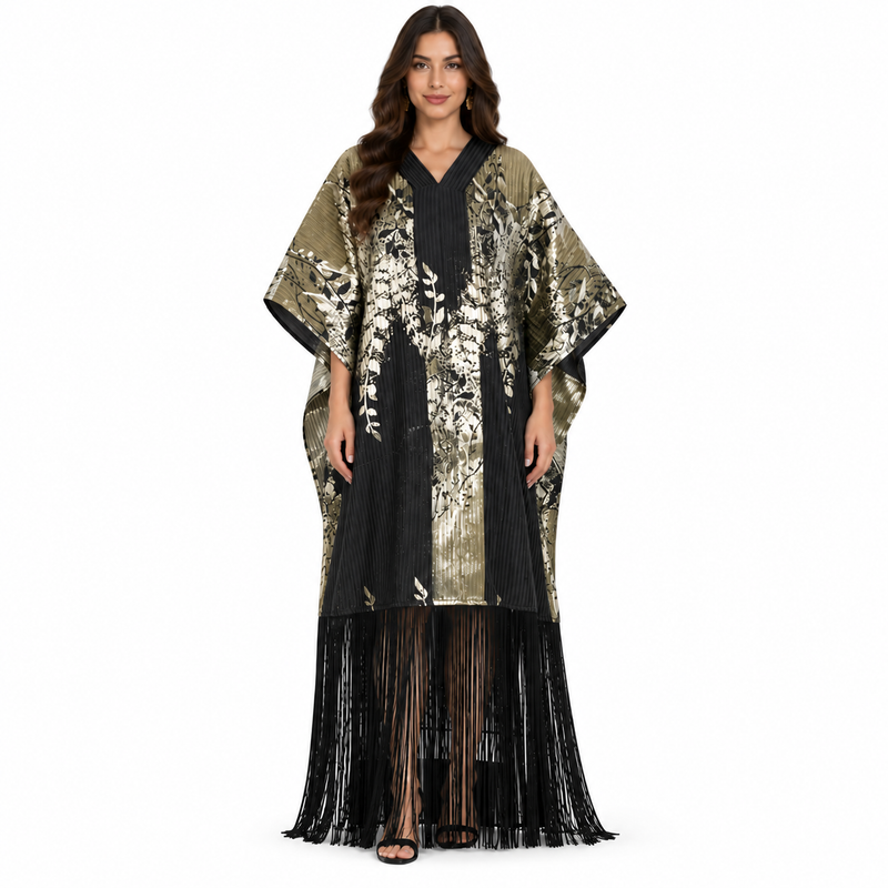 Black Metallic Botanical Fringe Women’s Kaftan-1