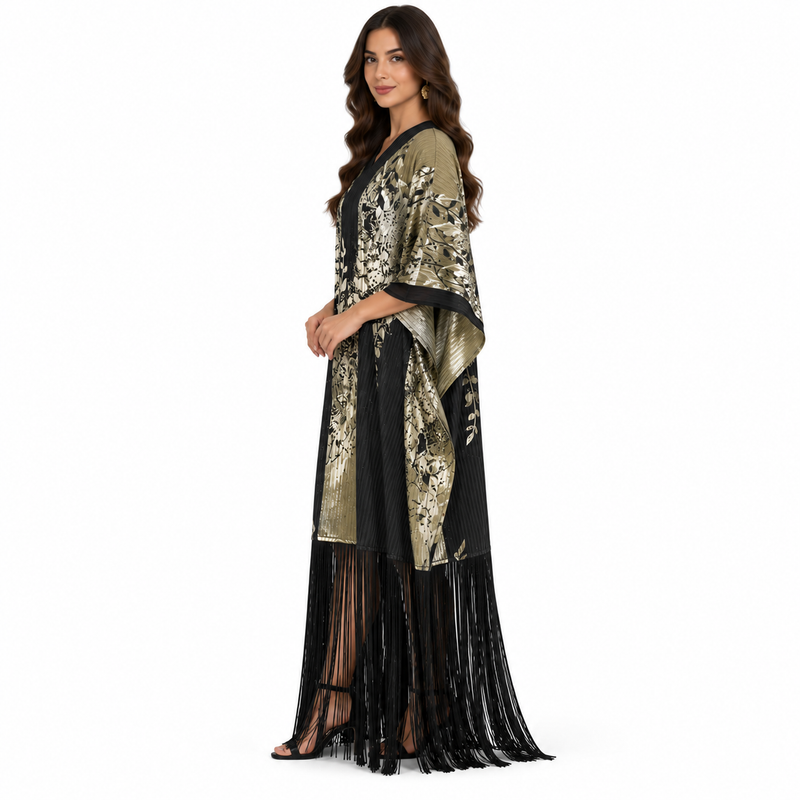 Black Metallic Botanical Fringe Women’s Kaftan-2