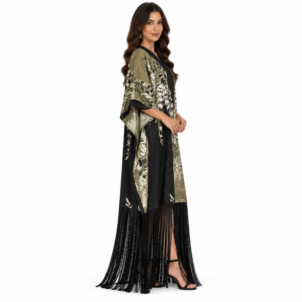 Black Metallic Botanical Fringe Women’s Kaftan-3