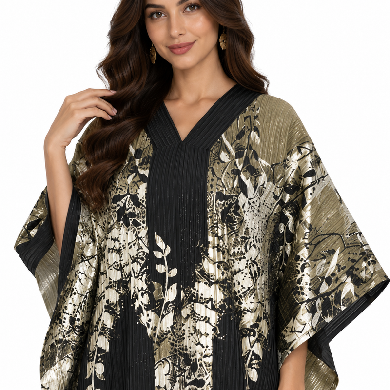 Black Metallic Botanical Fringe Women’s Kaftan-4