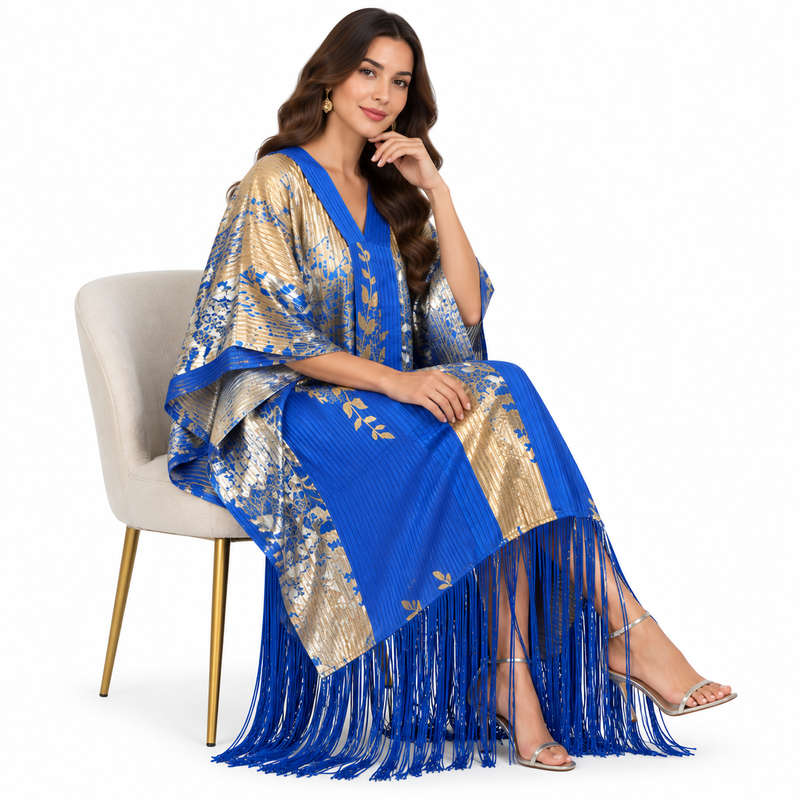 Royal Blue Metallic Fringe Luxury Kaftan-3