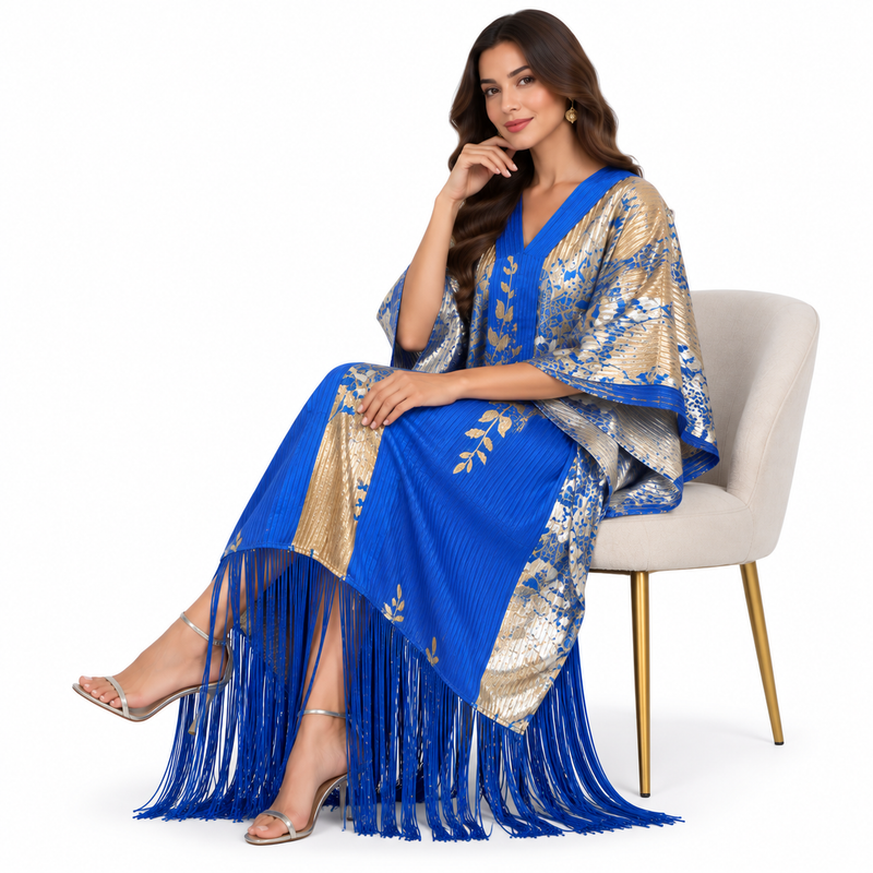 Royal Blue Metallic Fringe Luxury Kaftan-2