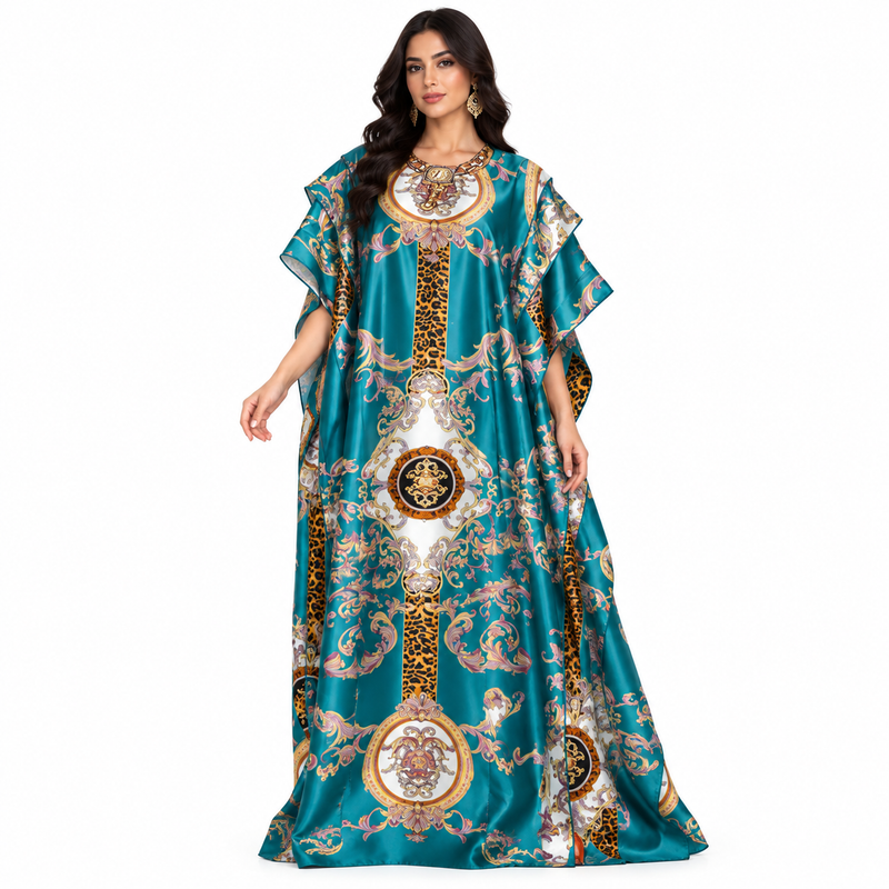 Lake Blue Baroque Printed Luxury Kaftan-1