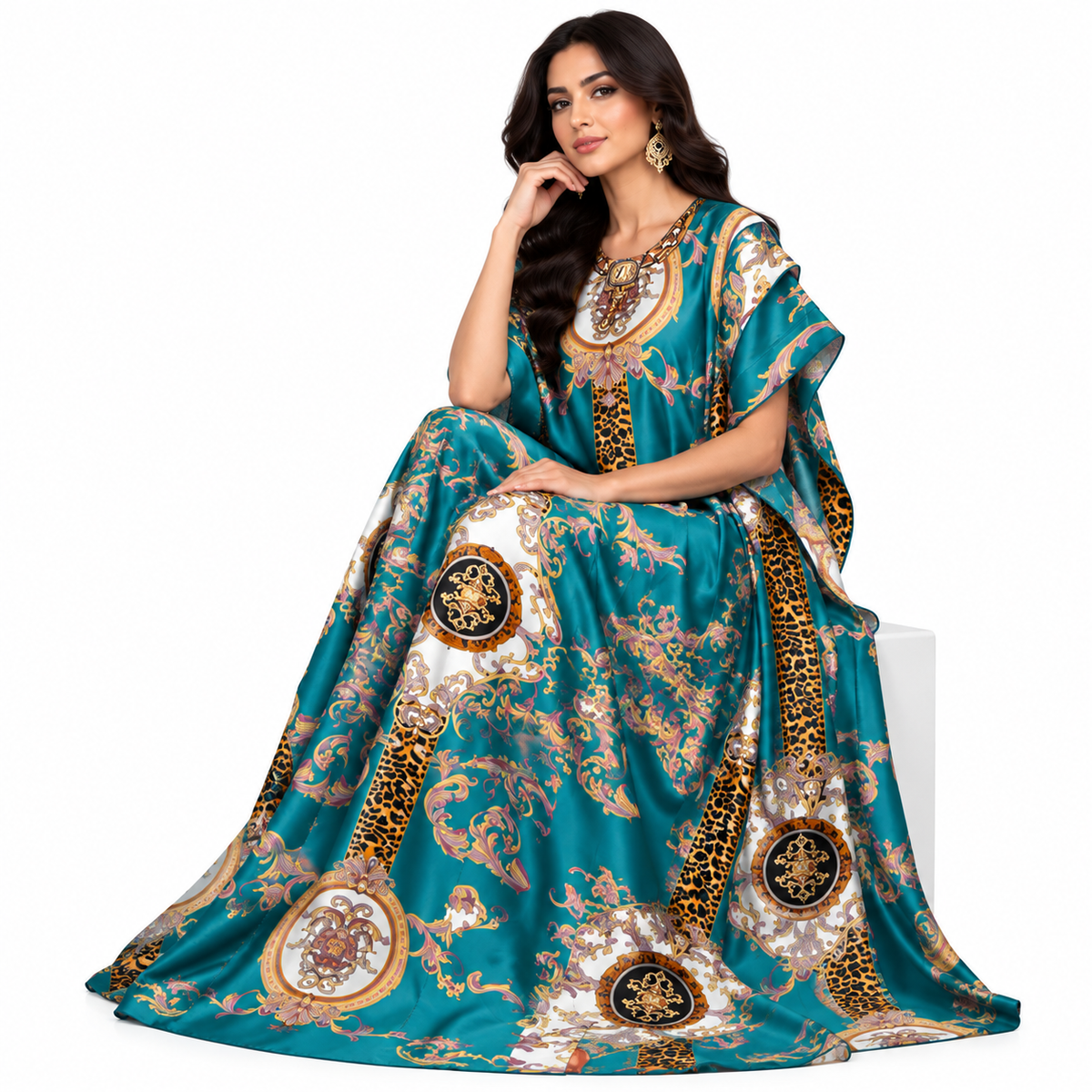 Lake Blue Baroque Printed Luxury Kaftan-2