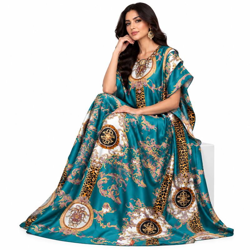 Lake Blue Baroque Printed Luxury Kaftan-2