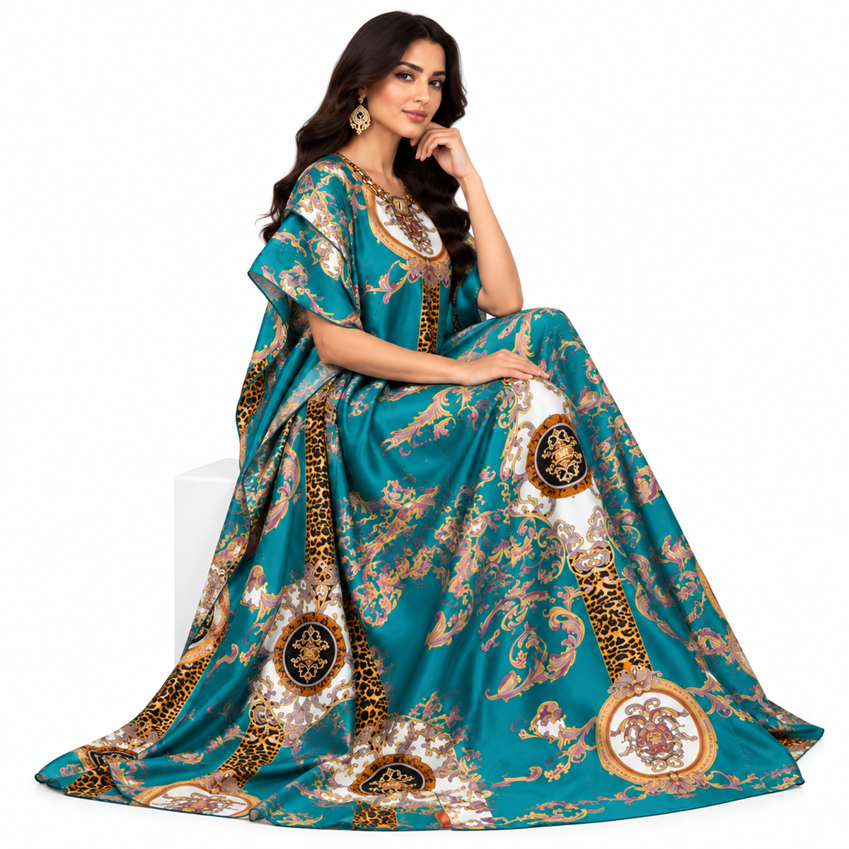 Lake Blue Baroque Printed Luxury Kaftan-3