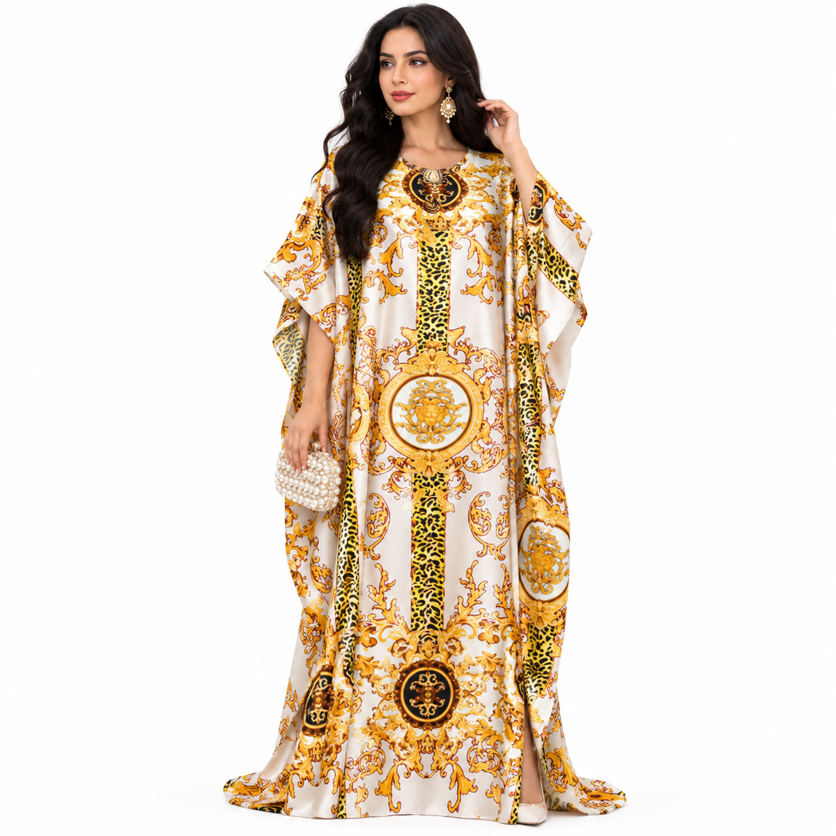 Beige Baroque Print Luxury Flowing Kaftan-1