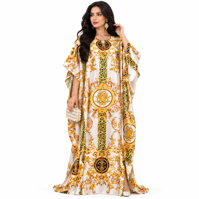 Beige Baroque Print Luxury Flowing Kaftan-1