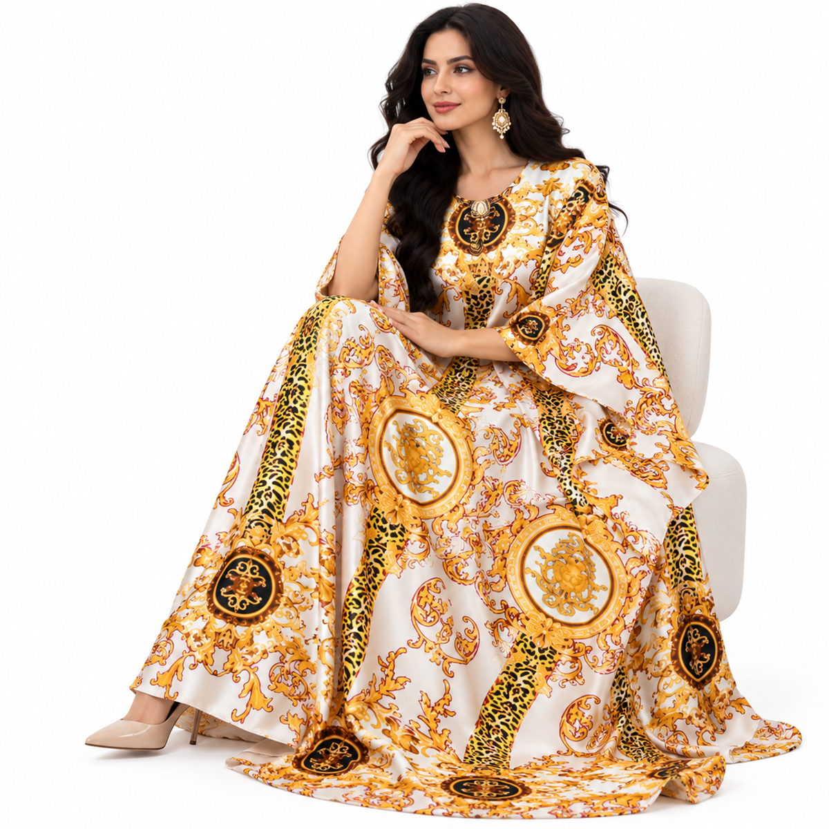 Beige Baroque Print Luxury Flowing Kaftan-3